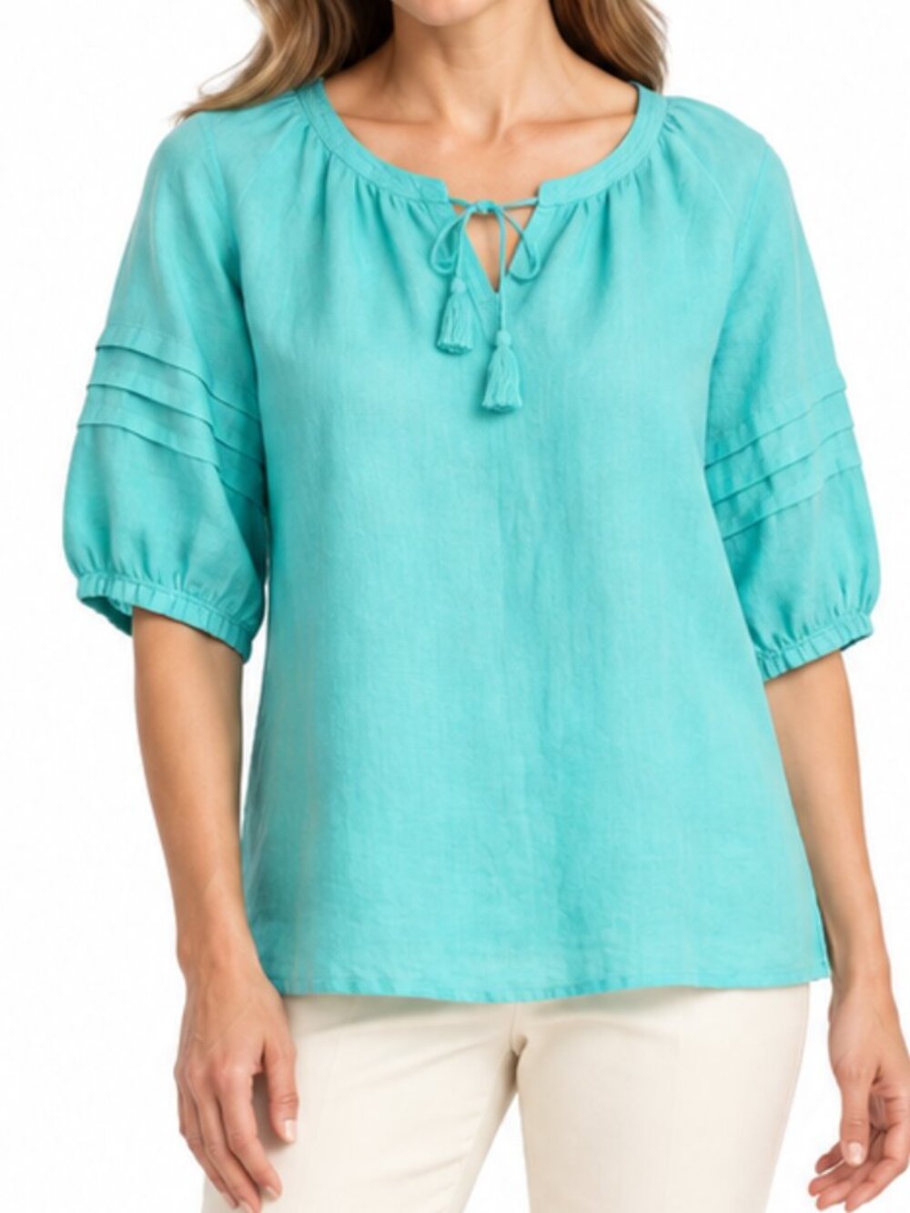 Talbots Blue Pleated Short sleeve 100% linen tie neck Blouse Top Size Medium